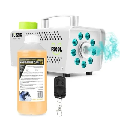 Image of Fuzzix F509LW Smoke Machine with Built in RGB LED Lights, Wireless Remote Control and 1L Orange Fog Fluid for Halloween House Party