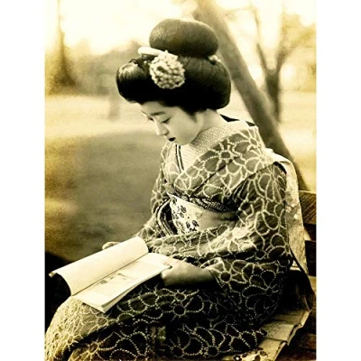 Image of Wee Blue Coo Photo Geisha Maiko Japan Kyoto Reading Kimono Art Print Poster Wall Decor 12X16 Inch