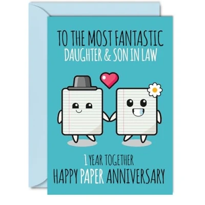 Image of Cute Paper Anniversary Card for Daughter &amp; Son In Law 1 Year Together Happy 1st Wedding Cards Daughter, A5 Greeting First Anniversaries
