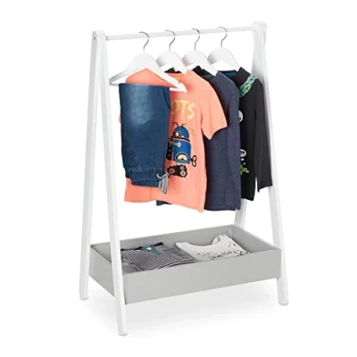 Image of Relaxdays Children’s Clothes Rail, Hanging Rack for Bedroom &amp; Nursery, Storage with Shelf, HWD: 99 x 63.5 42 cm, White, Fibreboard