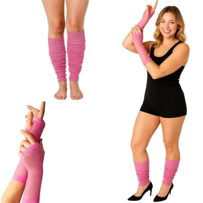 Image of FNA Fashions Womens Neon Long Fishnet Gloves and Leg Warmers Ladies Fancy Hen Night 80’s Party Novelty Dress (Long Gloves+Leg Warmer, Pink)