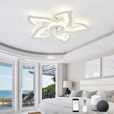 Image of KeLuKes Smart Ceiling Fans with Lights, 65cm Lamps Work Alexa and Google Assistant, Silent Timer Dimmable Reversible Light Fan for Bedroom, White