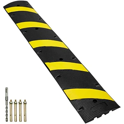 Image of VEVOR 6 ft/72&#039;&#039; Rubber Speed Hump, 2 Channel, 22000 lbs Load Capacity Heavy Duty Traffic Bump, with High Reflective Yellow Strip 4 Expansion Screws and 1 Drill, for Asphalt Concrete Gravel Roads