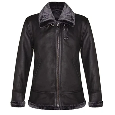 Image of Infinity Leather Men&#039;s Genuine RAF Sheepskin B3 Black Shearling Aviator Pilot Flying Jacket L