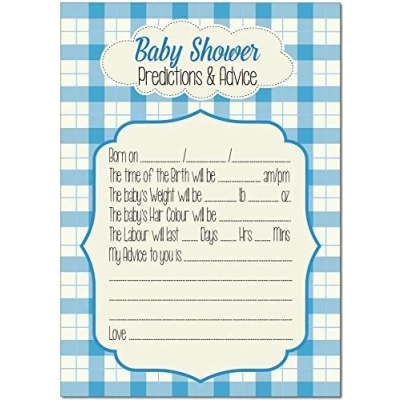 Image of Baby Shower Game Cards &#039;Prediction And Advice&#039; (16 Guests) Boys Blue Check
