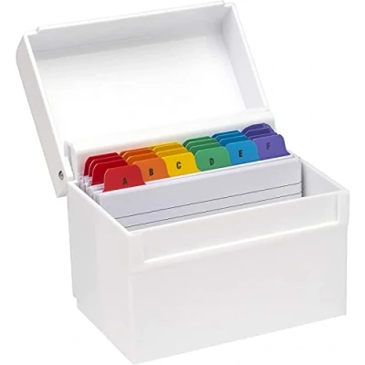 Image of OSCO White Hi Gloss Plastic Index Box Small A to Z Divider Tabs 100 Lined Note Cards Included (5&quot; x 3&quot;) Ruled Revision Flash Recipe Notes Contacts Filing Fits 127 76 mm