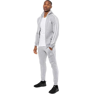 Image of Enzo Mens Full Tracksuit Set Regular Fit Striped Casual Zip Up Hoodie Joggers Gym Jogging Bottoms Hoody Top Sweat Pants Size S XXL (Grey, S, s)