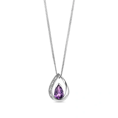 Image of MIORE pear shape 9 ct white gold necklace for women with February birthstone lilac amethyst of 0.35 carat and 4 natural diamonds, Crystal pendant on curb chain 45 cm
