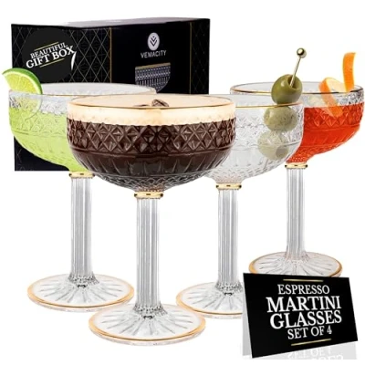 Image of Luxury Coupe Cocktail Glasses Set of 4 Espresso Martini Glass w/Gold Detailing &amp; Recipe e Book Lounge Bar Champagne Glasses/Coupe Mocktail Crystal