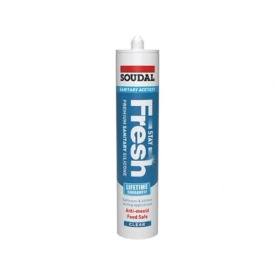 Image of Soudal Stay Fresh Acetoxy Acetic curing Sanitary Silicone Sealant Colours 200ml, PREMIUM QUALITY, multi use, Low Modulus, Food Safe, XS1 fungicide (Clear)