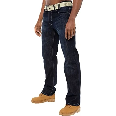 Image of Enzo BNWT Mens Designer Denim Jeans Blue Regular Loose Fit Free Belt 38 W X32L Dark Wash
