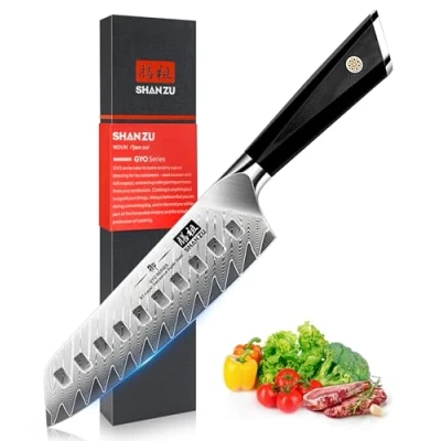 Image of SHAN ZU Damascus Chef Knife Santoku 7 Inch Professional Japanese Kitchen Knives, 67 Layers Stainless Steel AUS 10 Super Sharp Utility with G10 Handle/Gift Box