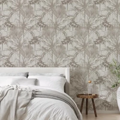 Image of Sublime Jungle Texture Neutral Wallpaper Paste The Wall Beige/Neutral Contemporary Palms &amp; Trees Textured Vinyl Design Feature or 4 Suitable for Any Room