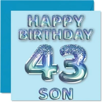 Image of 43rd Birthday Card for Son Blue Glitter Party Balloons Happy Cards 43 Year Old from Mum Dad Parents, 145mm x Bday Greeting Gift
