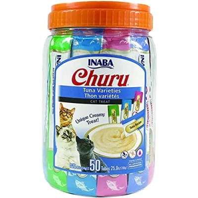 Image of Churu by INABA Cat Treat Variety Bucket 700g (50 x 14g) / Tuna Flavour, Soft &amp; Creamy Treat, Delicious Healthy Snack 6 Calories Per Stick, Hand Feeding, Natural, Grain Free, High in Moisture
