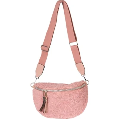 Image of styleBREAKER Ladies Teddy Fur Half Moon Crossbody shoulder Bags Unicoloured, adjustable strap 02012403, Colour:Old Rose