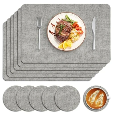 Image of Sarsumir Placemats, Placemats and Coaster Sets 6 Place Mats Coasters PU Leather Dining Table Washable Heat Resistant Non Slip for Home Restaurant Dinner Party, Silver Gray