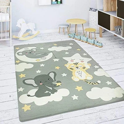 Image of Paco Home Kids Rug Children&#039;s Room Play Mat Baby Street Star Cloud Moon Grey White, Size:120x160 cm