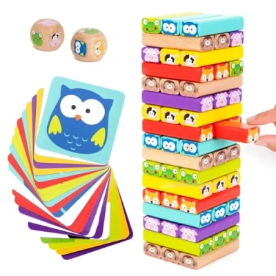 Image of Nene Toys 4 in 1 Wooden Tumble Tower Game with Animals &amp; Colors Family for Kids Ages 3 9 Cognitive Skills Booster, Educational Board Children Gift Boys Girls 3+ years