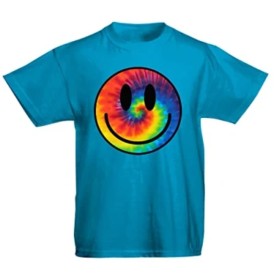 Image of Youth Kids Childrens Tie Dye Happy Smile Face Acid Rave T Shirt Sapphire Blue 9 11 Years (L)