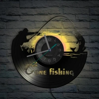 Image of Smotly Vinyl Wall Clock, Quiet River Fishing Pattern Clock with 7 Color Night Light Function, Gift for Lovers.