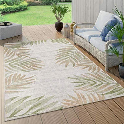 Image of Paco Home Indoor &amp; Outdoor Rug Beige Green Balcony Terrace Palms Leaves Pattern Robust, Size:80x150 cm