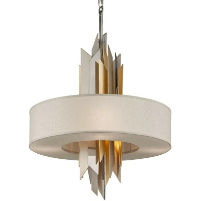 Image of Modernist 6 Light Pendant Polished Stainless Steel, Gold Leaf, Fabric Shade