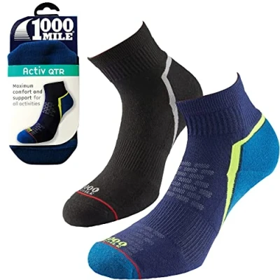 Image of 1000 Mile Activ QTR Mens Sports Running Outdoor Ankle Single Layer Gym Workout Socks (Medium UK6 8.5, Navy/Teal)