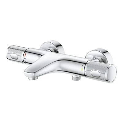 Image of GROHE Precision Feel Wall Mounted Exposed Thermostatic CoolTouch Bath Mixer (Diverter Bath/Shower, Knurl Grip, Safety Button at 38C, EcoButton, Metal Escutcheon), Size 313 x 173mm, Chrome, 34788000