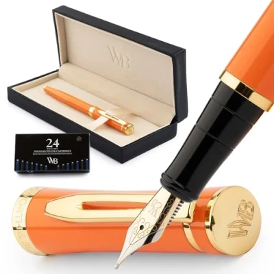 Image of Wordsworth &amp; Black Fountain Pen Set, 18K Gilded Medium Nib, Includes 24 Pack Ink Cartridges, Refill Converter Gift Box, Gold Finish, Calligraphy, [Orange], Perfect for Men Women