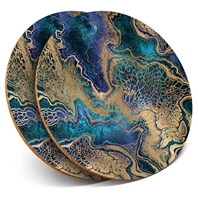 Image of Destination Vinyl ltd 2 x MDF Glossy Top Coasters Round Blue Gold Marble Stone Effect 21256