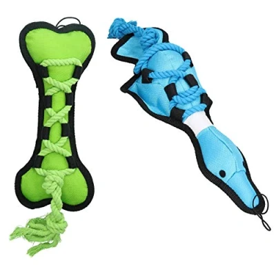 Image of AB Tools Blue Cross Tug Rope Duck &amp; Green Bone Dog Play Toy With Squeak