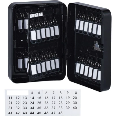 Image of Relaxdays Box, Wall Cabinet, Combination Lock, 48 Hooks, with Key Rings, HWD: 25 x 18 7.5 cm, Cash Safe, Black, Iron
