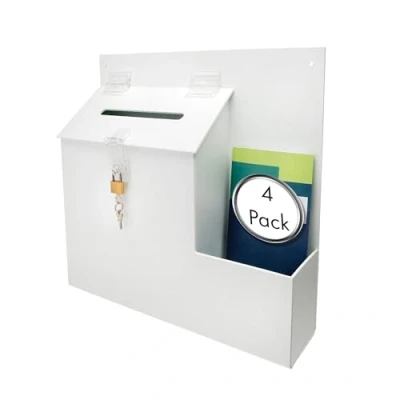 Image of Pack of 4 Deflecto® White Suggestion Box (140 x 13mm drop slot) with bult in 105mm wide Leaflet Holder 355 360 90mm Includes wall fixings, Lock and 2 keys
