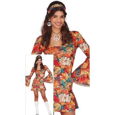 Image of FIESTAS GUIRCA Flower Power Fancy Dress Women 70s Short Hippie Outfit with Pattern &amp; Headband 60s Disco Costumes for Size S