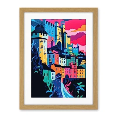 Image of Artery8 Nottingham City Vibrant Abstract Pop Art Cityscape Artwork Framed Wall Print 18X24 Inch