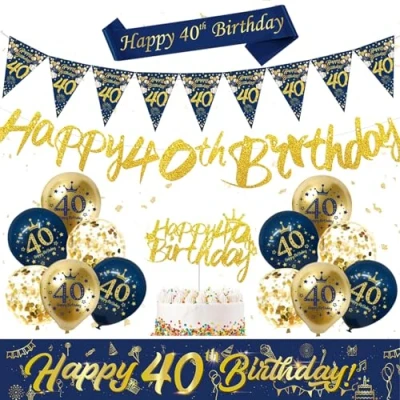 Image of 40th Birthday Decorations Men Women, Navy Blue and Silver Balloons, Glod Happy Banner, Bunting Flags, Cake Toppers for Party Supplies
