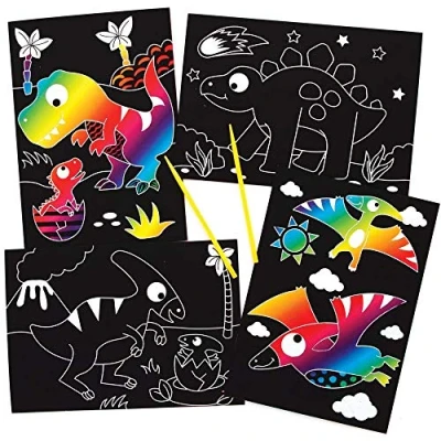 Image of Baker Ross FE110 Dinosaur Scratch Art Pictures Pack of 8, Engraving for Children, Creative Activities Kids, Set Minds