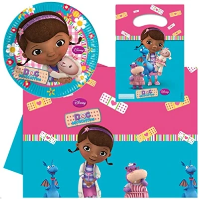 Image of Blue Frog Toys Disney Doc McStuffins Party Table Cover, 8 Plates and 6 Bags