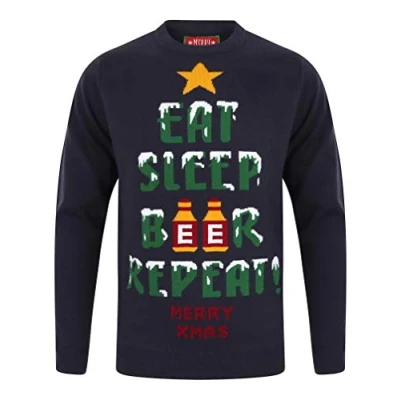Image of Tokyo Laundry Eat Sleep Beer Repeat Crew Neck Jumper in Eclipse Blue Merry Christmas L
