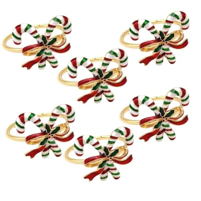 Image of CosyAurora Christmas Napkin Rings Set of 6, Holder Buckle Xmas for Party Dinner Table Decorations (Candy Cane, 6PCS)