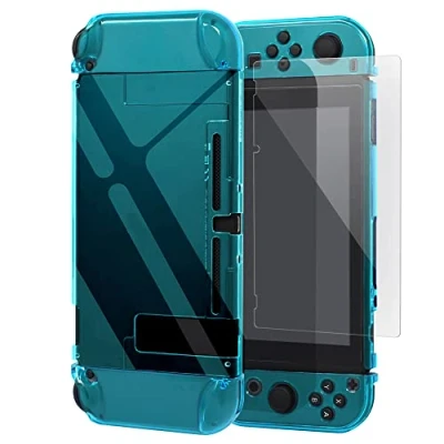 Image of Dockable Protective Cover Case with Screen Protector Compatible Nintendo Switch, YUANHOT Switch Hard Shell and Thumb Grip Caps Accessories, Crystal Plastic Blue