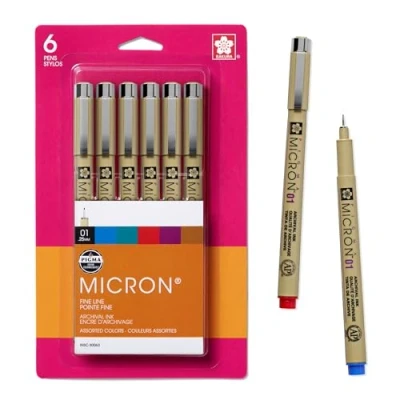 Image of Sakura .25mm Pigma Micron Pens #01, Pack of 6, Black/Red/Blue/Green/Brown and Purple