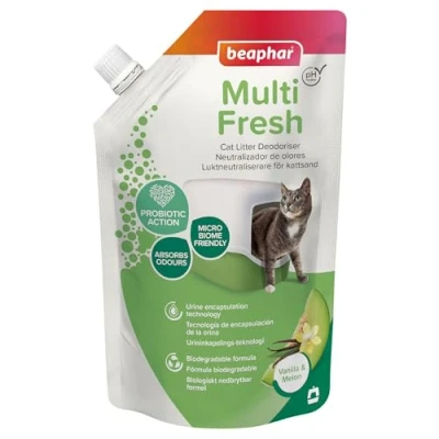 Image of Beaphar Multi Fresh Cat Litter Deodoriser Vanilla &amp; Melon 400g Urine Encapsulation Technology Prebiotics Absorb and Reduce Unpleasant Odours Doubles Life Biodegradable