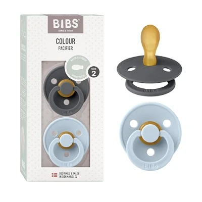 Image of BIBS Colour Symmetrical Soother 2 Pack, BPA Free Dummy Pacifier, Nipple. Natural Rubber Latex, Made in Denmark. 6 18 Months (Pack of 2), Iron/Baby Blue