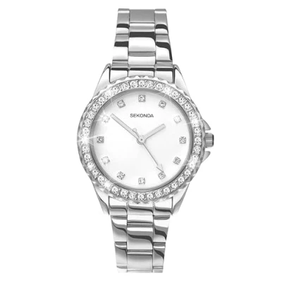 Image of Sekonda Elizabeth Silver Bracelet White Dial Women&#039;s Quartz Watch 33mm with Stone Set Case, Analogue Display and Stainless Steel