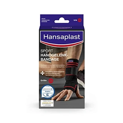 Image of Hansaplast Sport wrist brace, support protects and supports the joint, protector suitable for right left wrist, size M/L