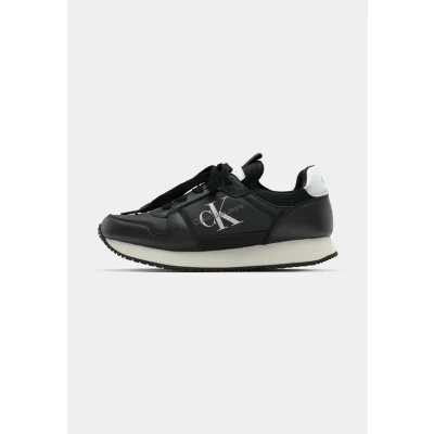 Image of Calvin Klein Women&#039;s Leather Lace Up Runner Sock Trainers, Black (Black/Bright White), 4