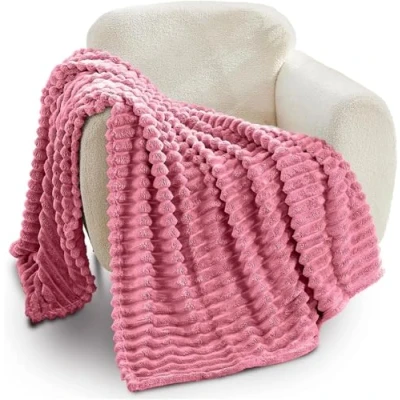 Image of GC GAVNO CAVAILIA Ribbed Blanket Throw Fluffy Fleece Throws For Sofas, Bed, Settee, Couch Comfortable Extra Large Blankets &amp; King Size 200x240 Cm Berry