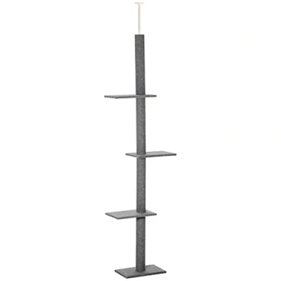 Image of PawHut 260cm Floor To Ceiling Cat Tree for Indoor Cats w/ 3 Perches Flannel Upholstery Kitten Pet Rest Sleep Activity Tower Home Furniture Grey